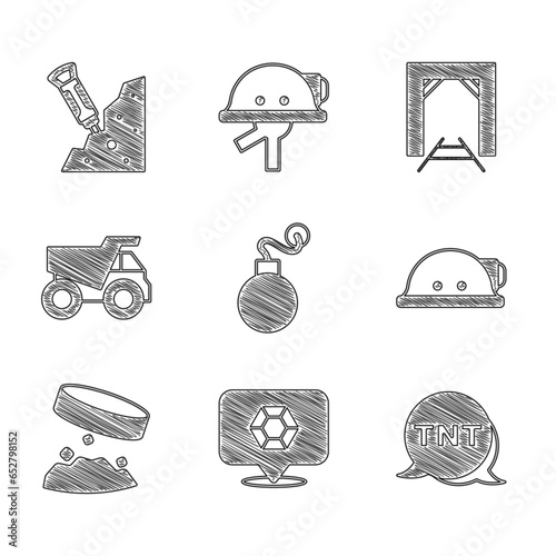 Set Bomb, Gem stone, Dynamite, Miner helmet, Giant magnet holding iron dust, Mining dump truck, entrance and Construction jackhammer icon. Vector
