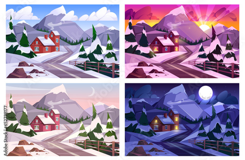 Landscape winter time day night sunrise sunset, flat cartoon illustration. Vector cottage house in mountains, light at windows at night. Village countryside, trees in snow, evening or morning