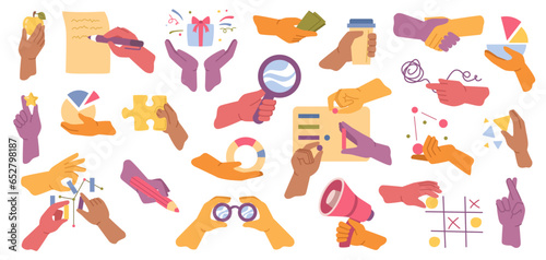 Hand process of searching statistics data consider creativity, flat cartoon vector. Business concepts time management, statistics and research. Arms with magnifier, money and loud speaker