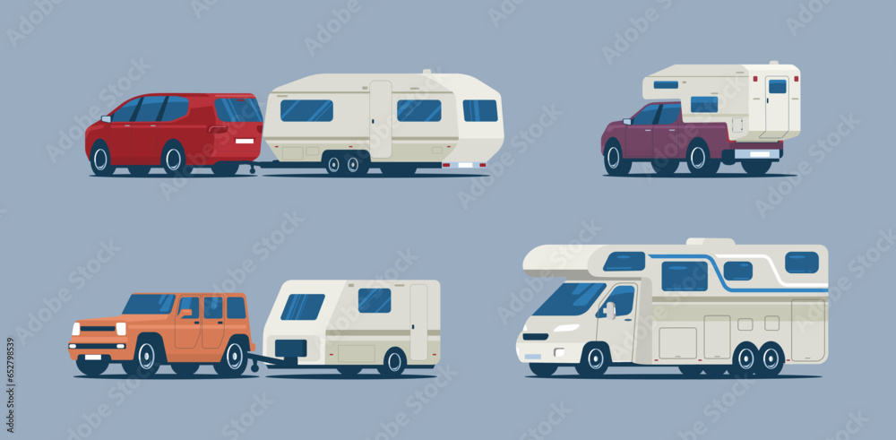 Set of different campers and caravan trailers. Vector illustration. Set of different campers and caravan trailers. Vector illustration.