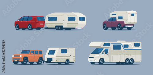 Set of different campers and caravan trailers. Vector illustration.