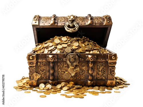 Open treasure chest full of gold coins isolated on transparent background. PNG file, cut out