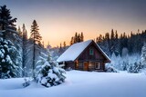 A cozy winter cabin nestled in a snow-covered forest, smoke gently rising from the chimney, warm inviting light emanating from the windows, a sense of solitude and serenity