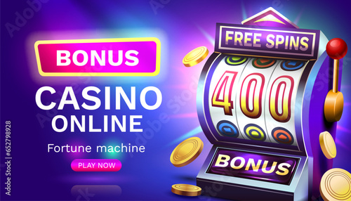 Slots free spins 400, promo flyer poster, banner game play. Vector illustration