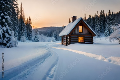 A cozy winter cabin nestled in a snow-covered forest, smoke gently rising from the chimney, warm inviting light emanating from the windows, a sense of solitude and serenity