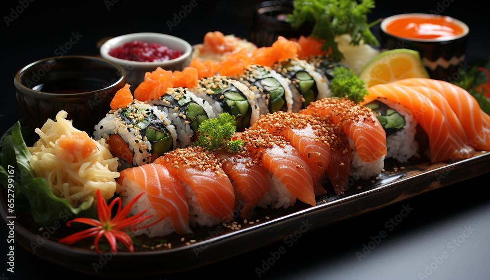 Freshness on a plate seafood, sashimi, nigiri, maki sushi, seaweed generated by AI Freshness on a plate seafood, sashimi, nigiri, maki sushi, seaweed generated by AI