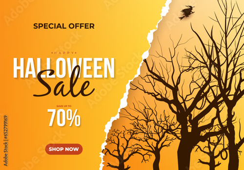 Halloween torn paper horizontal banner template for promotion with creepy dead trees