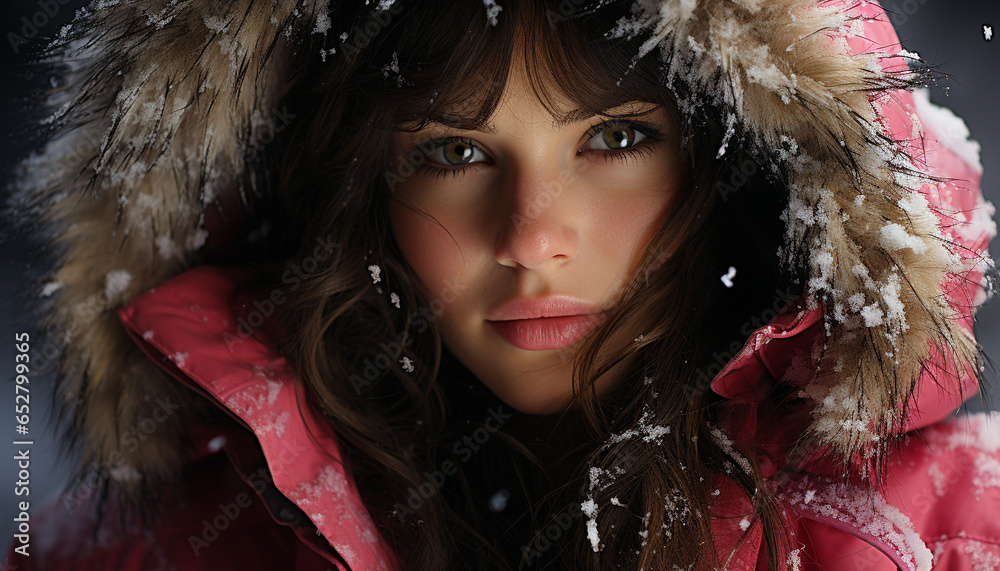 Winter beauty Caucasian woman, snow, fashion, smiling, cute, nature, elegance generated by AI Winter beauty Caucasian woman, snow, fashion, smiling, cute, nature, elegance generated by AI