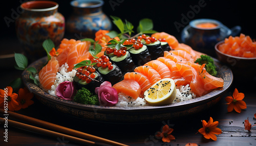 Freshness on a plate seafood, sashimi, fish, avocado, rice, maki sushi generated by AI