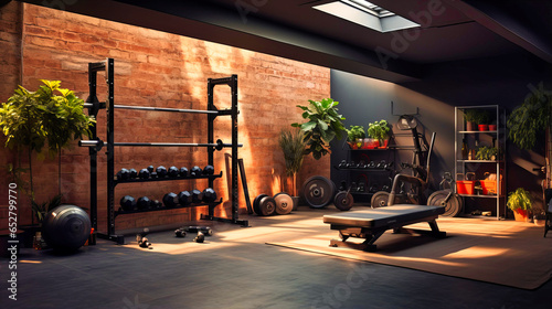 Home gym with wall-mounted equipment and rubber flooring photo