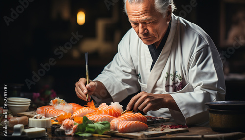A mature man expertly prepares fresh seafood, showcasing his culinary expertise generated by AI