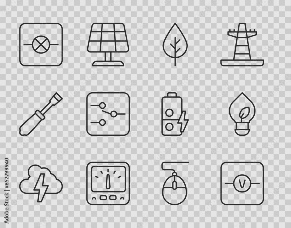 Set line Cloud and lightning, Voltmeter, Leaf Eco symbol, Ampere multimeter, Lamp electronic circuit, Switch, Computer mouse and Light bulb with leaf icon. Vector - obrazy, fototapety, plakaty 