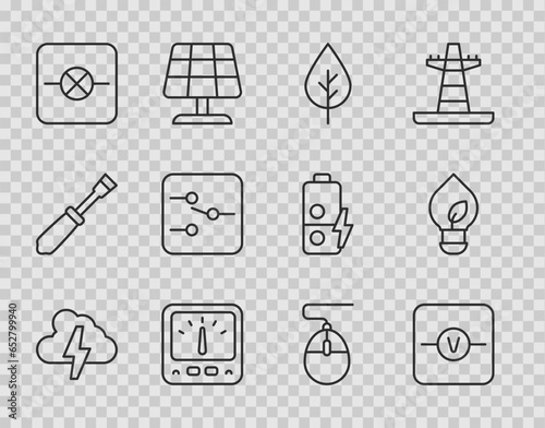 Set line Cloud and lightning, Voltmeter, Leaf Eco symbol, Ampere multimeter, Lamp electronic circuit, Switch, Computer mouse and Light bulb with leaf icon. Vector