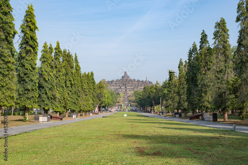 Central Java, Indonesia; July 29, 2023: View from outside the entrance to the Buddhist temple of Borobudur.