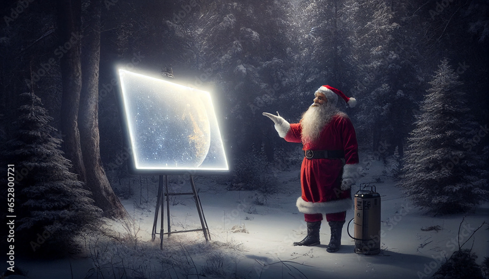 Weihnachtsmann präsentiert blanko Werbeaufsteller Produkt Präsentation zu Weihnachten Weihnachtliches Design Werbung Vorlage Marketing Kampagne zu Weihnachten Weihnachtsrabatt Generative AI  - obrazy, fototapety, plakaty 
