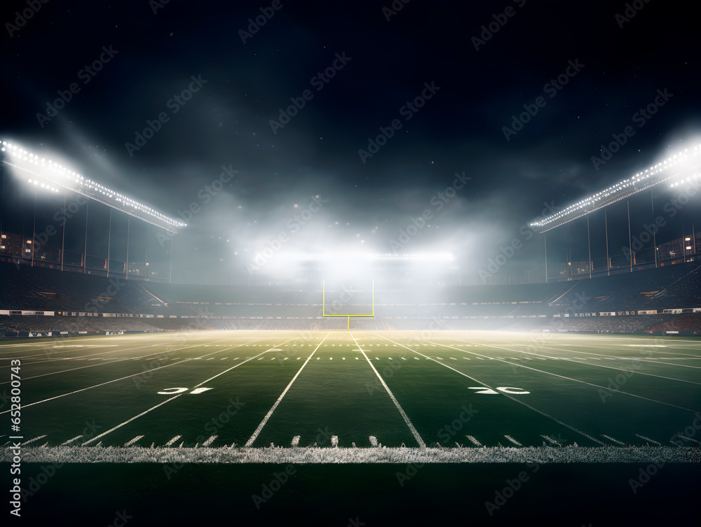 American football field at night underneath stadium lights
