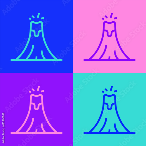 Pop art line Volcano eruption with lava icon isolated on color background. Vector