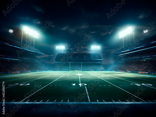 American football field at night underneath stadium lights