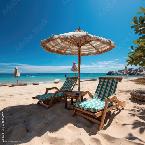 Two sunny beds under an umbrella. A beach scene with a relaxing mood