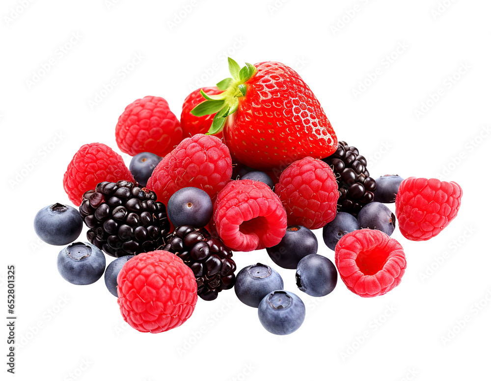 Sweet berries mix isolated on white background. Ripe raspberry, strawberry, blackberry and blueberries. Isolated cutout on transparent or white background. Sweet berries mix isolated on white background. Ripe raspberry, strawberry, blackberry and blueberries. Isolated cutout on transparent or white background.