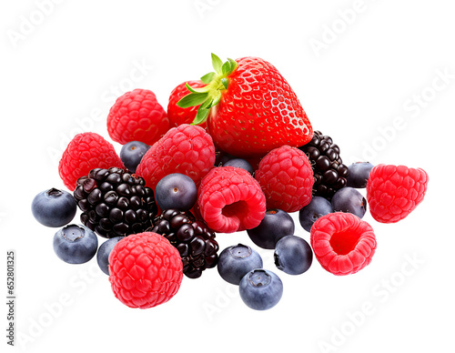 Sweet berries mix isolated on white background. Ripe raspberry, strawberry, blackberry and blueberries. Isolated cutout on transparent or white background.