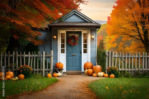 Fall pumpkins and flowers on front porch, home exterior decoration, seasonal decor 