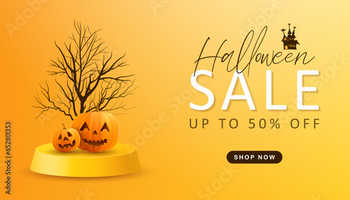 Happy halloween sale background with a product display podium and halloween pumpkin