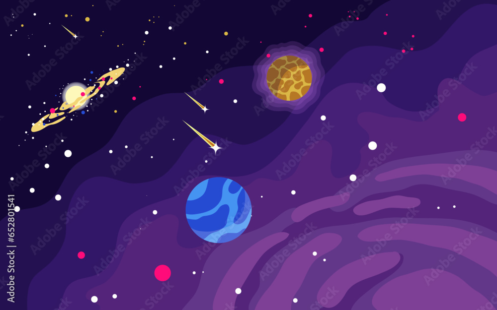 vector hand drawn galaxy background with planet star and asteroids