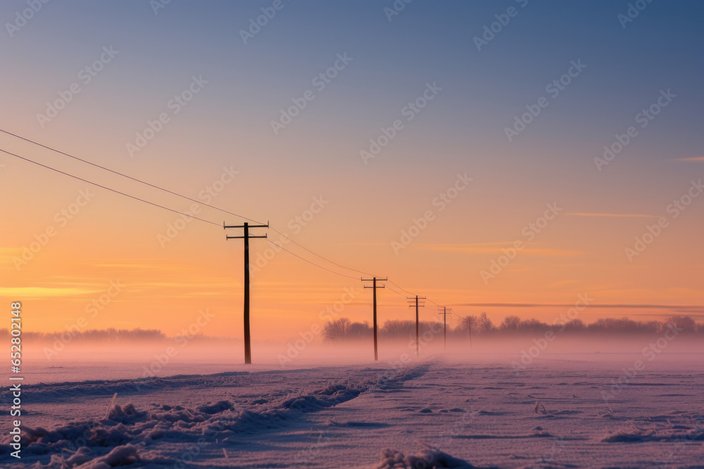 champs en hiver traversé par des poteaux électrique au petit matin, vaste plaine au sol gelé et brume au ras du sol - obrazy, fototapety, plakaty 