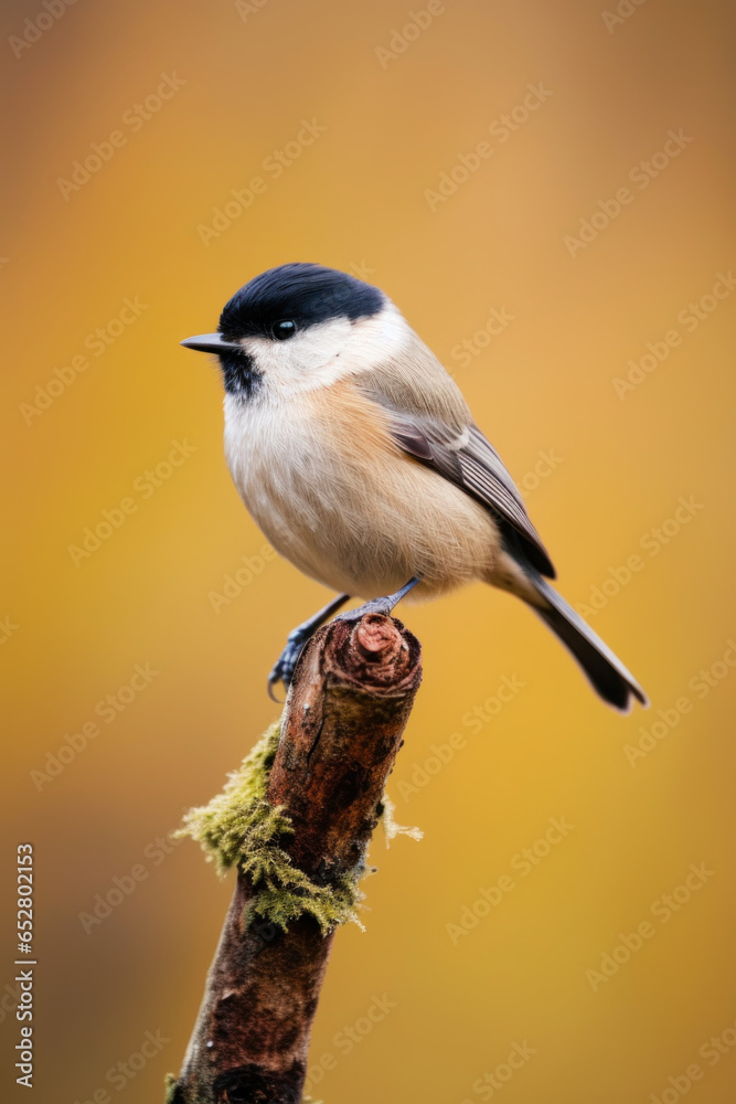 Fototapeta premium petit oiseau en gros plan posé sur un branche d'arbre, arrière plan flou
