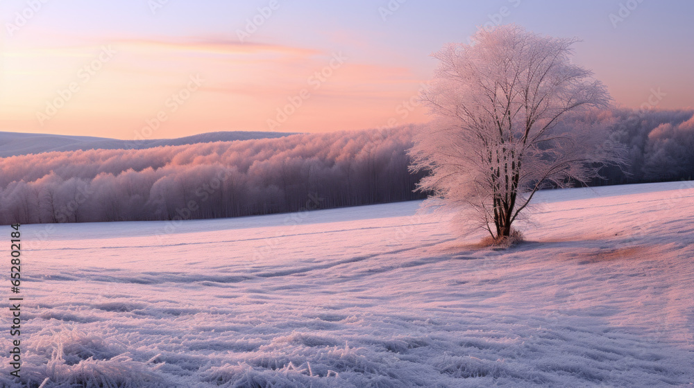 arbre isolé et gelé dans un champs en hiver, douce lumière du soir arbre isolé et gelé dans un champs en hiver, douce lumière du soir