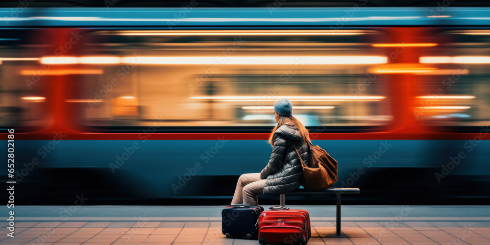 femme avec ses bagages attendant le train sur le quai de la gare, arrière plan flou avec le passage à grande vitesse d'un train - obrazy, fototapety, plakaty 