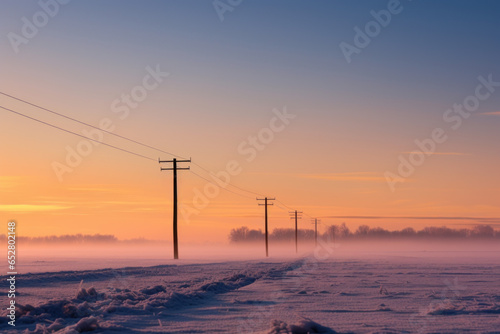champs en hiver traversé par des poteaux électrique au petit matin, vaste plaine au sol gelé et brume au ras du sol © Sébastien Jouve