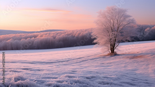 arbre isolé et gelé dans un champs en hiver, douce lumière du soir