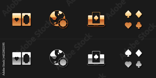 Set Deck of playing cards, Casino chips, Online poker table game and icon. Vector
