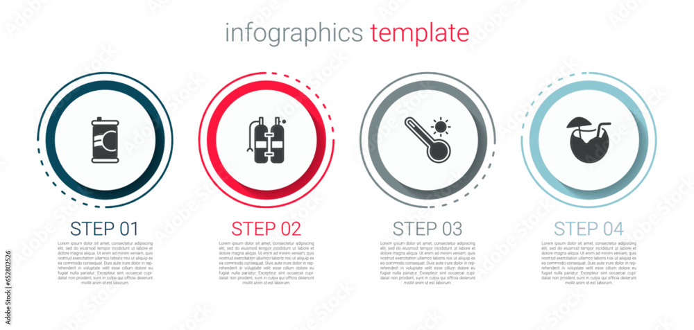 Set Soda can, Aqualung, Meteorology thermometer and Coconut cocktail. Business infographic template. Vector - obrazy, fototapety, plakaty 