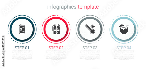 Set Soda can, Aqualung, Meteorology thermometer and Coconut cocktail. Business infographic template. Vector