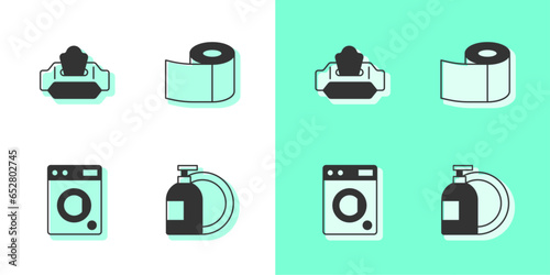 Set Dishwashing liquid bottle, Wet wipe pack, Washer and Toilet paper roll icon. Vector