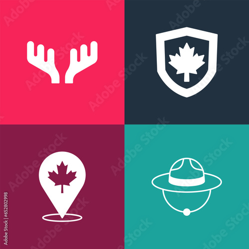 Set pop art Canadian ranger hat, maple leaf, Canada flag on shield and Deer antlers icon. Vector