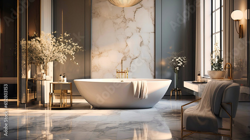 Luxurious bathroom with a freestanding tub and gold fixtures. photo