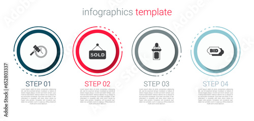 Set Auction hammer, sold, auctioneer sells and Bid. Business infographic template. Vector
