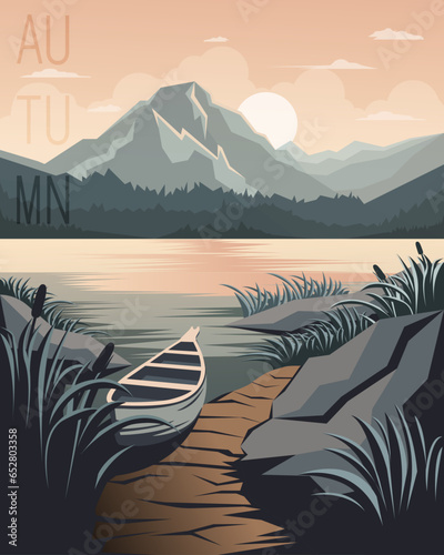 Boat on river bank. Autumn landscape of mountains and lake