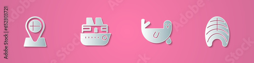 Set paper cut Location flag Iceland, Cruise ship, Fur seal animal and Fish steak icon. Paper art style. Vector