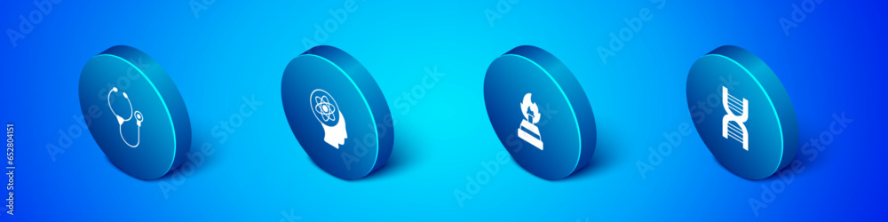 Set Isometric Stethoscope, Alcohol or spirit burner, DNA symbol and Atom icon. Vector