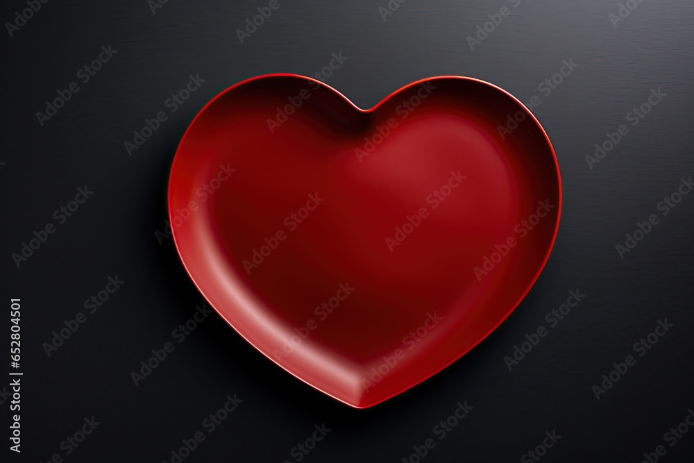 Red Heart-shaped plate on a black surface. Top viiew, flatlay. Empty space. Add design. Generative Ai Red Heart-shaped plate on a black surface. Top viiew, flatlay. Empty space. Add design. Generative Ai