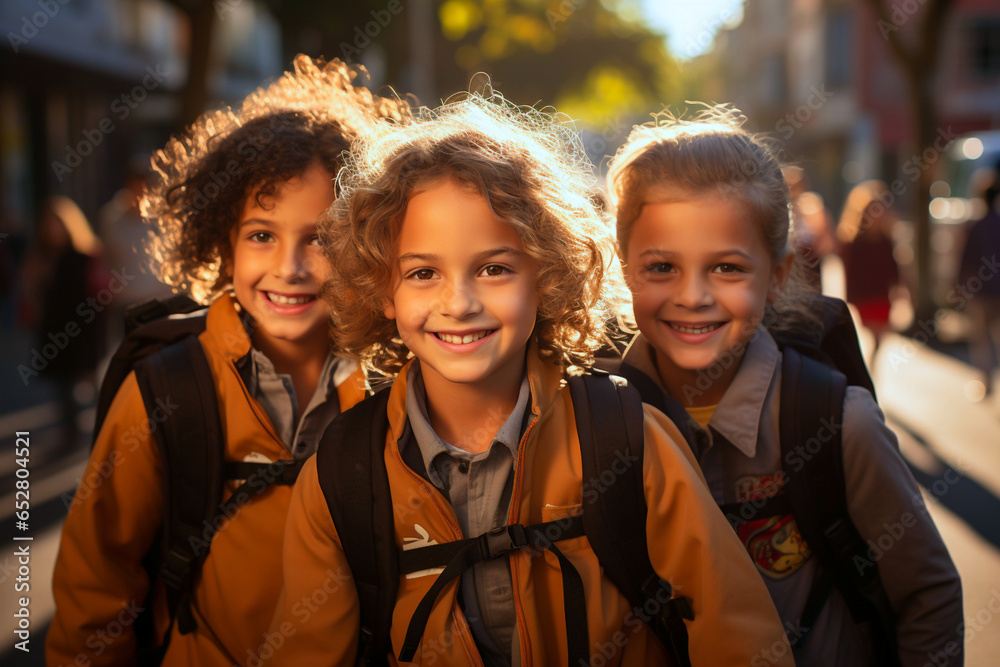 Welcome back to school. The new academic semester year start for elementary little kids. Group of excited elementary school schoolchildren pupils wearing uniforms go to school on foot Welcome back to school. The new academic semester year start for elementary little kids. Group of excited elementary school schoolchildren pupils wearing uniforms go to school on foot