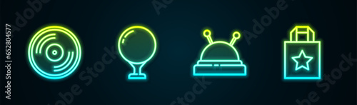 Set line Vinyl disk, Golf ball on tee, Needle bed and needles and Paper shopping bag. Glowing neon icon. Vector