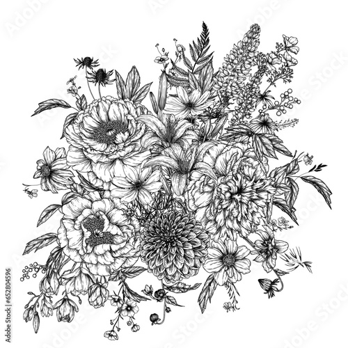 Vector illustration of a bouquet in engraving style. Peony, lupine, magnolia, mimosa, dahlia, lily, cosmos, California poppy, buttercup, lobelia, eryngium