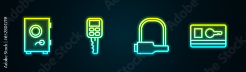 Set line Safe, Car key with remote, Bicycle lock and Key card. Glowing neon icon. Vector