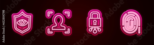 Set line Shield and eye, Face recognition, Cyber security and Fingerprint. Glowing neon icon. Vector